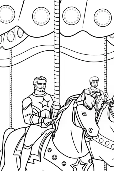 A coloring page of Avengers on a magical carousel