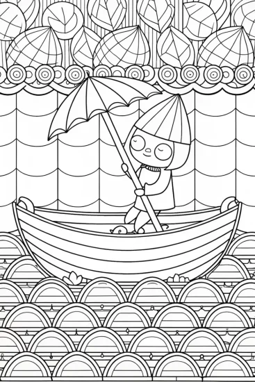 A coloring page of Finn navigating a leaf boat