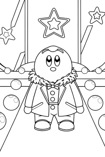 A coloring page of Kirby at a cosmic fashion show