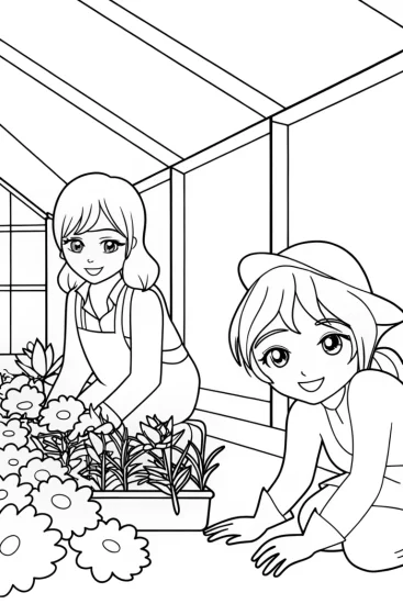 A coloring page of Anime gardeners in a greenhouse