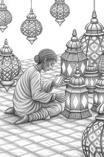 A coloring page of Butterfly artisan crafting lanterns