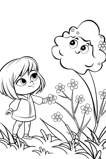 A coloring page of Child and cloud spirit in spring