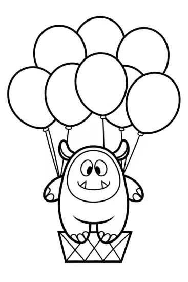 A coloring page of Monster floating with balloons