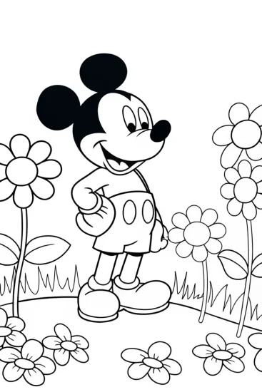 A coloring page of Mickey Mouse in a flower garden
