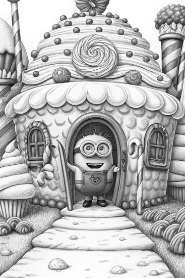 A coloring page of Minion in the ice cream castle