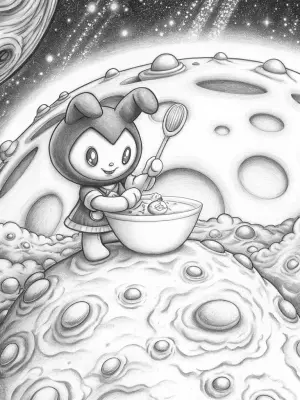 Kuromi baking on the moon coloring pages