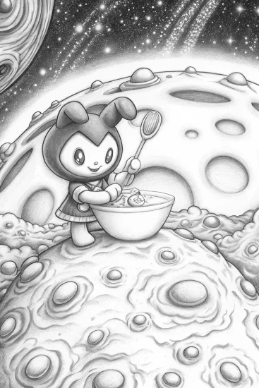 A coloring page of Kuromi baking on the moon