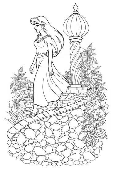 A coloring page of Jasmine walking on a petal path