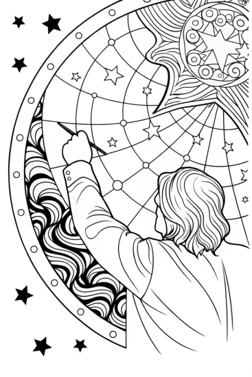 A coloring page of Star cartographer painting stars