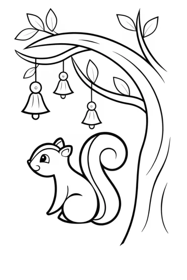 A coloring page of Squirrel with whimsical wind chimes