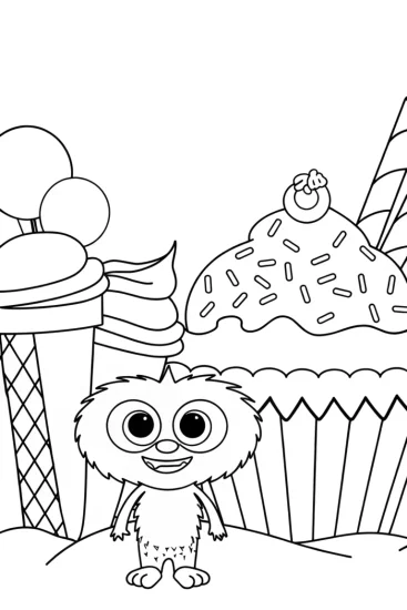 A coloring page of Huggy Wuggy in ice cream land