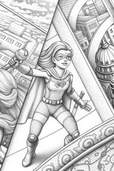 A coloring page of Barbie’s superhero comic adventure
