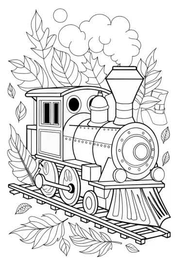 A coloring page of Whimsical train in autumn
