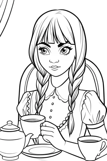 A coloring page of Wednesday Addams tea ceremony