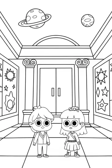 A coloring page of Rainbow Friends galactic art gallery