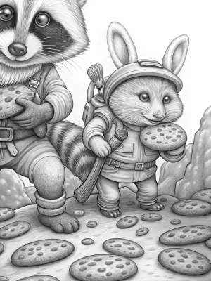 Raccoon and rabbit cookie adventure coloring pages