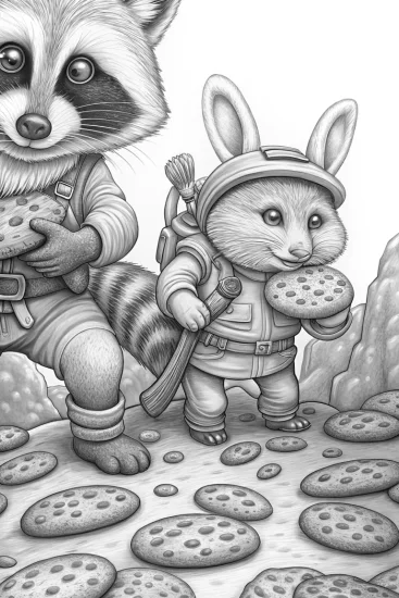 A coloring page of Raccoon and rabbit cookie adventure