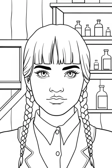 A coloring page of Wednesday Addams in a quill shop