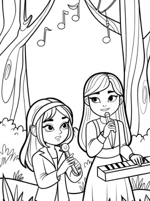 Rainbow High students in a music forest coloring pages