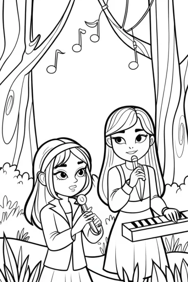A coloring page of Rainbow High students in a music forest