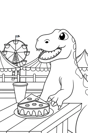 A coloring page of T-Rex enjoying a pie at a fair