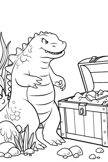 A coloring page of Godzilla underwater treasure hunt