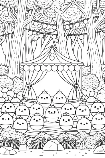 A coloring page of Squishmallows forest festival