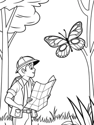 Butterfly cartographer mapping a forest coloring pages