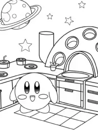 Kirby baking in a galactic kitchen