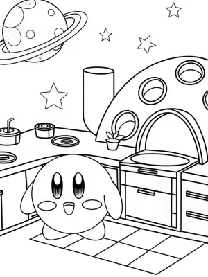 Kirby baking in a galactic kitchen coloring pages