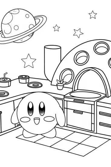 A coloring page of Kirby baking in a galactic kitchen