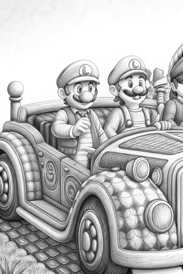 A coloring page of Mario and Luigi’s musical time machine