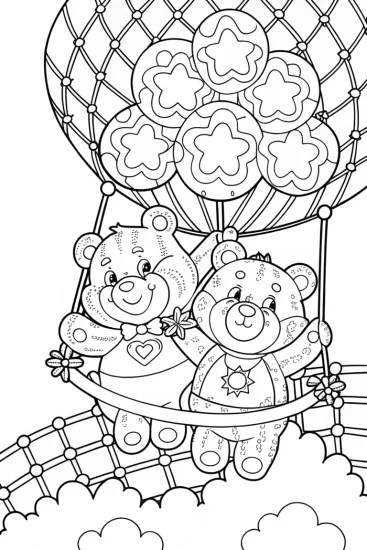 A coloring page of Care Bears launching dreams