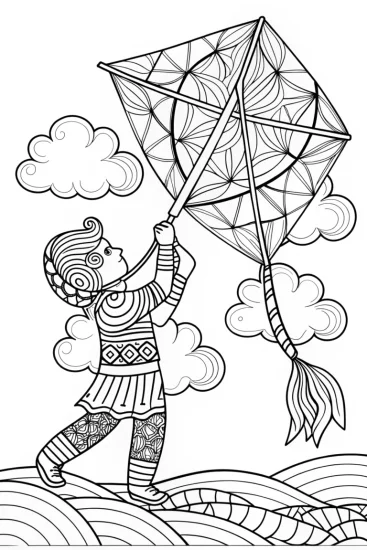 A coloring page of Zephyr flying a kite
