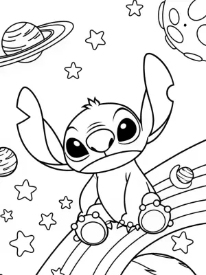 Stitch bouncing in a cosmic playground coloring pages