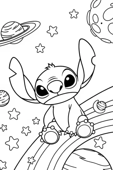 A coloring page of Stitch bouncing in a cosmic playground