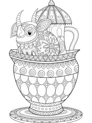 Monster in a time-traveling teapot coloring pages