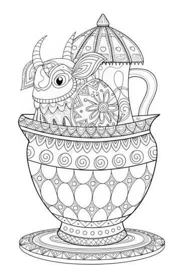 A coloring page of Monster in a time-traveling teapot