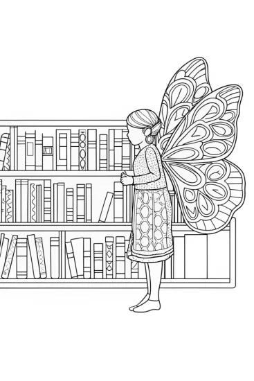 A coloring page of Butterfly librarian organizing books