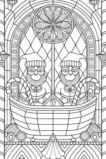 A coloring page of Gnomes on a candy cane sleigh