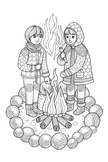 A coloring page of Anime guardians at a bonfire