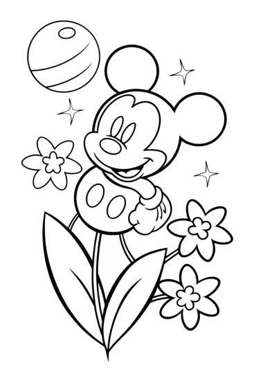 A coloring page of Mickey Mouse in outer space garden