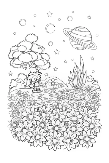 A coloring page of Super Sonic in a cosmic garden