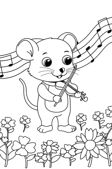 A coloring page of Milo the Mouse in a musical garden