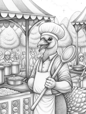 Flamingo chef at a food festival coloring pages