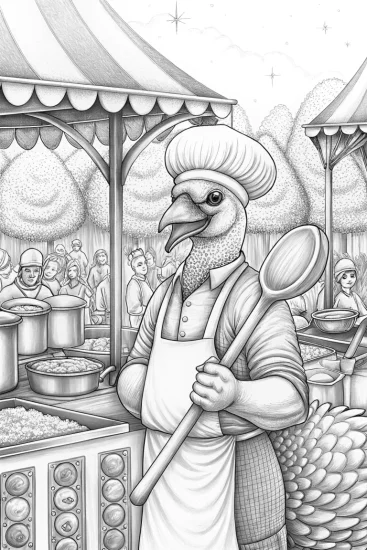 A coloring page of Flamingo chef at a food festival