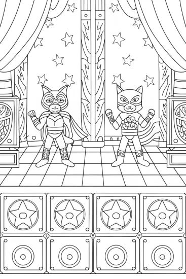 A coloring page of Superhero pets talent show