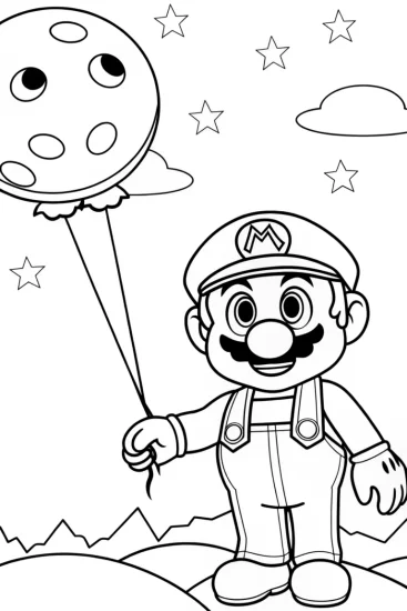 A coloring page of Mario on a moonlight adventure