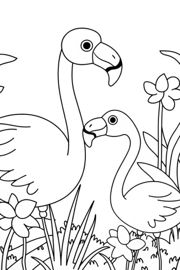 A coloring page of Flamingos playing in a garden