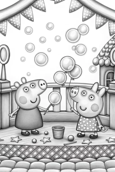 A coloring page of Peppa Pig’s bubblegum art party